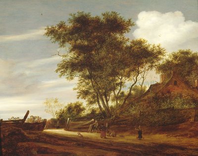 コテージ、1658によって道路で遊んでいる子供たちと森の風景 作： Salomon van Ruisdael or Ruysdael