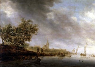 艀（はしけ）のある森のような川の風景 作： Salomon van Ruisdael or Ruysdael