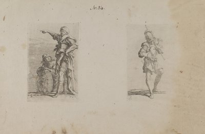 (フィギュア・シリーズ）二人の男、一人は左を向き、もう一人はひざまずいている 作： Salvator Rosa