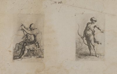 (フィギュア・シリーズ) それぞれ武器を持った2人の座った男性 作： Salvator Rosa