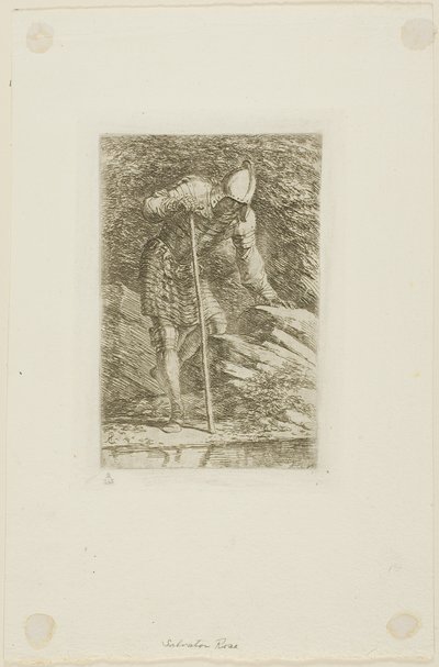 洞窟の中のフルアーマーの戦士 作： Salvator Rosa