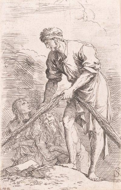 「置物」シリーズより、後ろに 2 人の人物がいる網を引っ張る男。 ...、約。 1656-1657。 作： Salvator Rosa