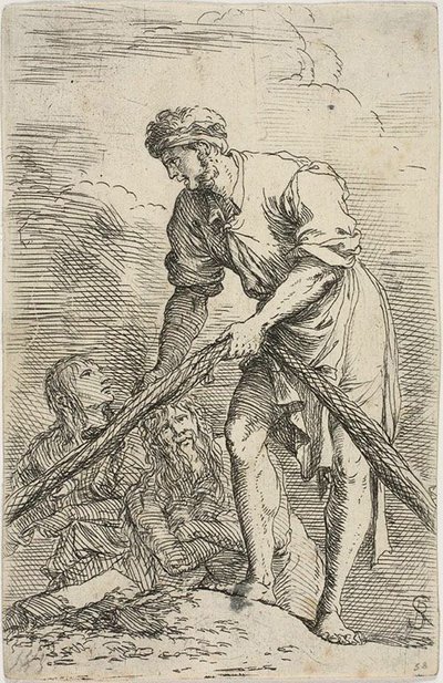 置物シリーズから、後ろに 2 人の人物がいる網を引く男性 作： Salvator Rosa