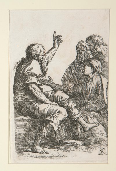 3 人の男性に話しかける老人 作： Salvator Rosa