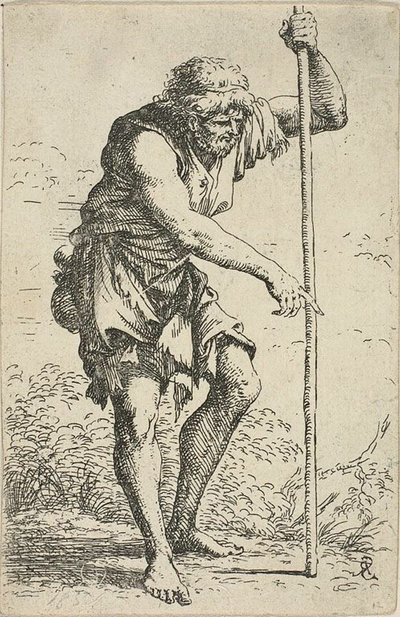 フィギュリーナから、腰に杖と地面を持ったぼろぼろの老人 作： Salvator Rosa