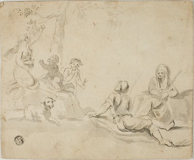 リンゴの収穫と羊飼いの休息 作： Salvator Rosa
