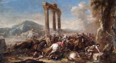 「古典的な列柱のある戦闘シーン」、17 世紀 作： Salvator Rosa