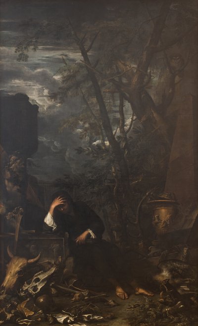 瞑想中のデモクリトス 作： Salvator Rosa