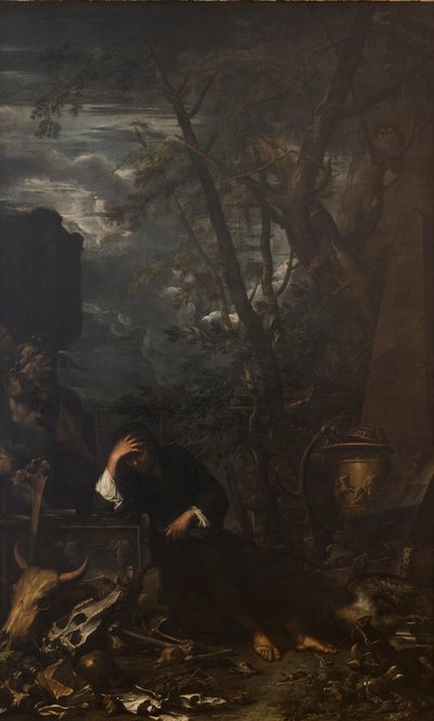 瞑想中のデモクリトス 作： Salvator Rosa