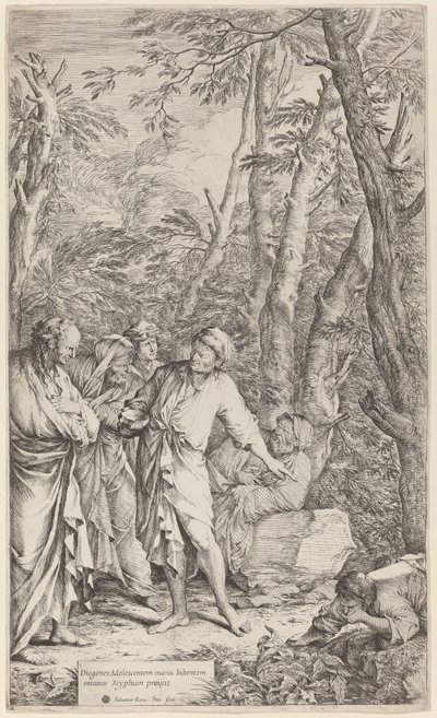 鉢を投げ捨てるディオゲネス 作： Salvator Rosa