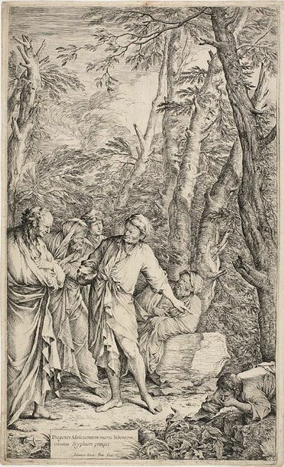 鉢を投げ捨てるディオゲネス 作： Salvator Rosa