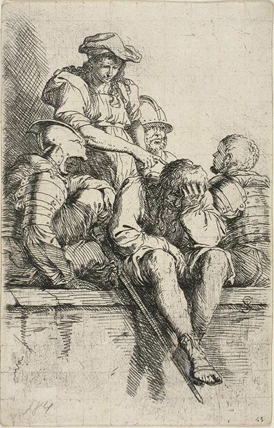 フィギュアシリーズより、四人の戦士と一人を指さす立ち姿の青年 作： Salvator Rosa
