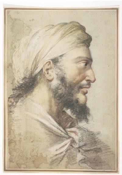 右横顔にターバンを巻いたあごひげを生やした男性の頭部 作： Salvator Rosa