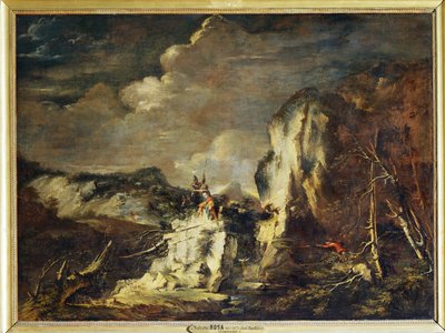 猟師と戦士のいる岩だらけの風景 - 岩だらけの... 作： Salvator Rosa