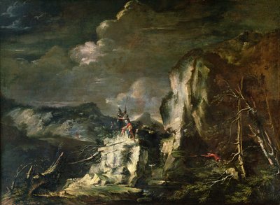 ハンツマンとウォリアーズのいる岩の多い風景 作： Salvator Rosa