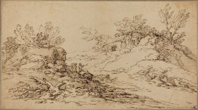 素朴な家のある岩の多い風景 作： Salvator Rosa