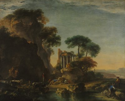 岩の多い風景の中の遺跡c。 1640。 作： Salvator Rosa