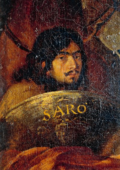 サルバトール・ローザ（1613-1673）の「キリスト教徒とトルコ人の間の戦い」の細部を描いた画家の自画像、油彩・キャンバス、234x350 cm 作： Salvator Rosa
