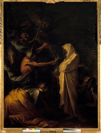 エンドアのパイソンイスでサウルに現れたサムエルの影 サルバトール（サルバトーレ）・ローザ（1615-1673）の絵 1668年頃 日2,73x1,93 m 作： Salvator Rosa