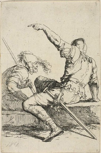 低い岩に座る二人の戦士 作： Salvator Rosa