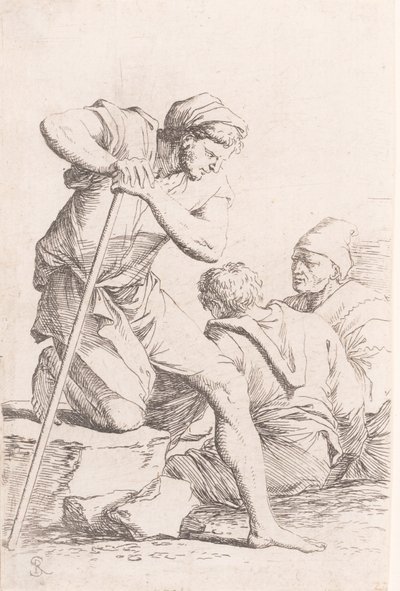 座っている 2 人の男性と、石の上にひざまずいて杖を持っているもう 1 人の男性。 1656-1657。 作： Salvator Rosa