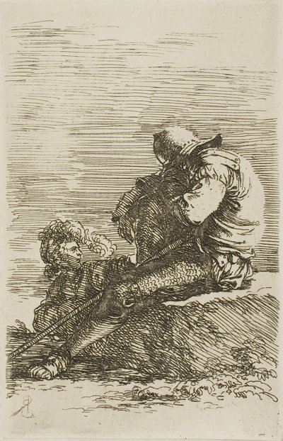 二人の戦士、一人は前景の岩の上に座って眠っている（フィギュリン・シリーズより 作： Salvator Rosa