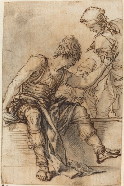 壁に座って 2 人の男性と会話する若者 作： Salvator Rosa