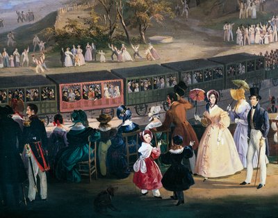 10 月、ナポリ - ポルティチ鉄道の処女航海中の列車に乗るフェルディナンド 2 世 作： Salvatore Fergola