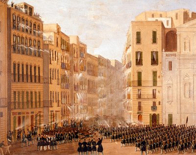 1848年5月、ナポリの反乱に対抗するブルボン家の軍隊 詳細サルヴァトーレ・フェルゴラ（1799-1877）による絵画 ナポリ、サンマルティーノ美術館 作： Salvatore Fergola