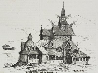 Borgund Stave Church、ノルウェー、Poliorama Pittoresco の Salvatore Puglia によるリトグラフ、n 40、5 月 14 日 作： Salvatore Puglia