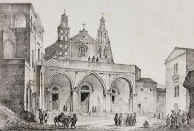 Sessa Auruncan katedraalin julkisivu, Campania, Italia, Salvatore Puglian litografia Pasquale Mattein (1813-1879) piirtämänä Poliorama Pittorescosta, n:o 42, 24. toukokuuta 作： Salvatore Puglia