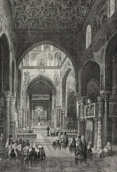Interior da Capela Palatina no Palazzo dei Normanni ou Palácio Real em Palermo, Sicília, Itália, litografia de Salvatore Puglia de Poliorama Pittoresco, n 41, 21 de maio 作： Salvatore Puglia