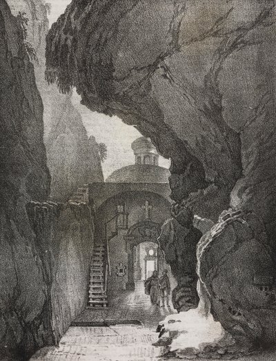 Pyhän kolminaisuuden pyhäkkö tai Split-vuoren pyhäkkö, Gaeta, Lazio, Italia, Salvatore Puglian litografia Poliorama Pittorescosta, n:o 43, 1. kesäkuuta 作： Salvatore Puglia