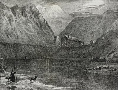 Vista do hospício Grande São Bernardo do lago, fronteira Itália-Suíça, litografia de Salvatore Puglia de Poliorama Pittoresco, n 9, 9 de outubro 作： Salvatore Puglia