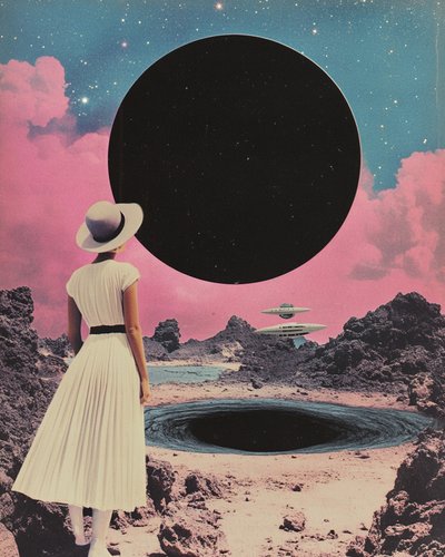 女性が宇宙の地平線を見つめる 作： Samantha Hearn