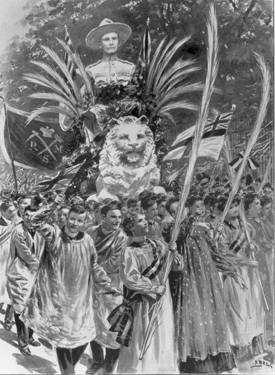 武器への芸術の賛辞: サウス ケンジントンの美術学生とその Mafeking 車、「The Illustrated London News」、1900 年 5 月 26 日、Thomas Lascelles による彫刻 (彫刻) (白黒写真) 作： Samuel (after) Begg