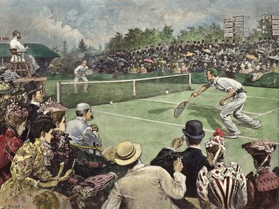 1891年ウィンブルドンのローンテニス選手権、W・バデリーとJ・ピムの決勝戦（カラーエングレーヴィング） 作： サミュエル（後）ベッグ
