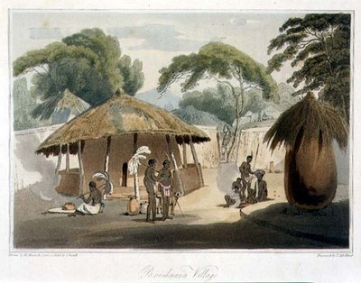 ブーシュアナ村、ジョン・バロウ（1764-1848）の「コチンチナへの航海」より第18版、ウィリアム・アレクサンダー（1767-1816）の絵、トーマス・メドランド（1755-1823）の彫刻、1806年（アクアチント）。 作： Samuel (after) Daniell