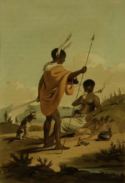 ジョン・バロー（1764-1848）の「コチンチナへの航海」からのプレート19「ブショアナの男と女」、ウィリアム・アレクサンダー（1767-1816）の絵、トーマス・メドランド（1755-1823）の彫刻、1806（アクアチント）。 作： Samuel (after) Daniell
