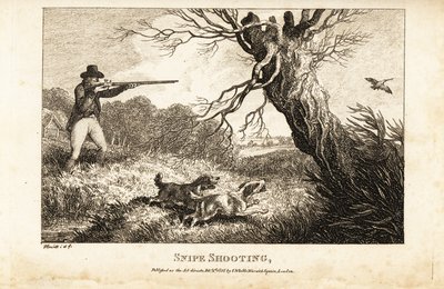マスケット銃とスパニエルを持った猟師が、川の近くでシギを狩っているところ。 作： Samuel (after) Howitt