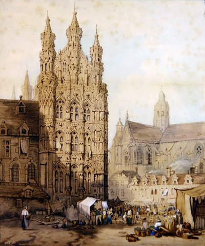 ベルギー・ルーヴェンの市庁舎と大聖堂 1840年頃 （水彩・紙） 作： Samuel (circle of) Prout