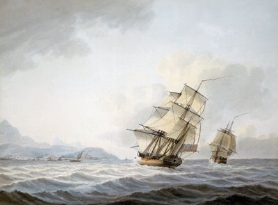 ジェームズ・クック船長（1728～1779年）の第3回航海（1776～1780年）におけるタヒチ沖の「レゾリューション号」と「ディスカバリー号 作： Samuel Atkins