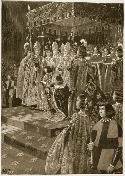 1429年11月6日、聖レナードの日のヘンリー6世の戴冠式での拍車と剣の発表、「The Illustrated London News」、1902年 作： Samuel Begg