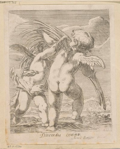 ヤシの枝をめぐる 2 つの putti けんか Discordia コンペティション (オブジェクトのタイトル) いろいろなデザイン（シリーズタイトル） Opera Varia Historica, Poetica & Iconologica (シリーズタイトル) 作： Samuel Bottschild