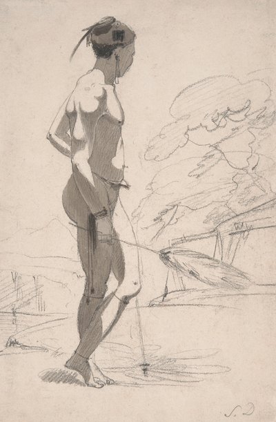 風景の中のツワナ人持株とダチョウの羽扇 作： Samuel Daniell