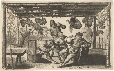 納屋で飲酒と喫煙をする 3 人の農民 作： Samuel Donnet