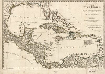 フロリダ、ルイジアナ、ニュー・スペイン、テラ・ファーマの海岸を含む西インド諸島の完全な地図：すべての島々を含む。 作： Samuel Dunn