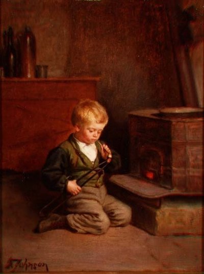 パイプに火をつける少年 作： Samuel Frost Johnson