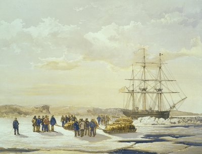 1853年4月15日、HMS調査員を去るスレッジパーティー、E。ウォーカー著、Ackermann und Co.、1854年 作： Samuel Gurney Cresswell