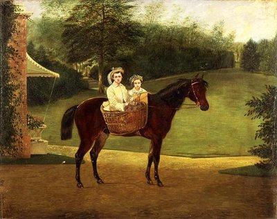 パニアに乗った二人の少女とポニーの肖像（油彩・パネル 作： Samuel Henry Alken